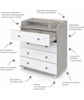 Комод Атон Орион-804 шимо светлый/белый 4ящика (на колёсиках)