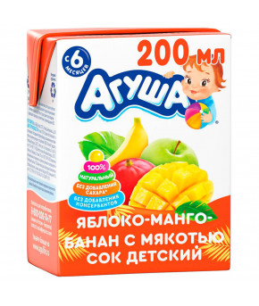 Сок Агуша яблоко-банан-манго с мякотью 200мл
