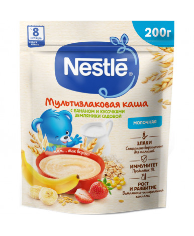 Каша Nestle мультизлаковая банан земляника молочная дой-пак 200г