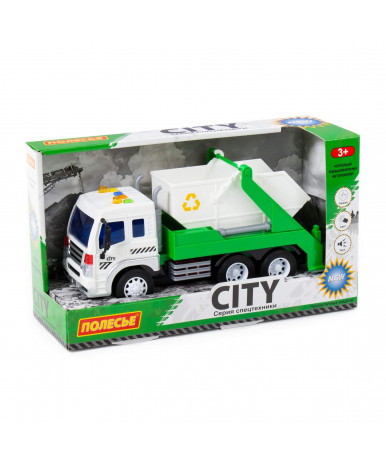 Автомобиль-контейнеровоз инерционный Полесье Сити со светом и звуком зелёный (в коробке)