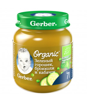 Пюре Gerber Organic зеленый горошек, брокколи и кабачок 125г