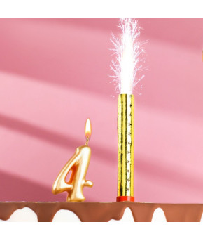 Набор тортовых свечей Фонтан + Цифра 4, золотая