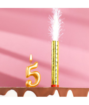 Набор тортовых свечей Фонтан + Цифра 5, золотая