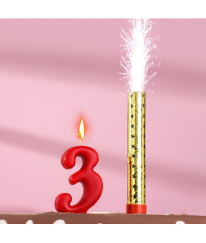 Набор тортовых свечей Фонтан + Цифра 3,  красная