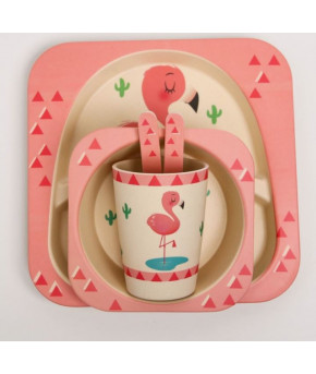 Подарочный набор посуды Розовый фламинго из бамбука 5пр.(в коробке)