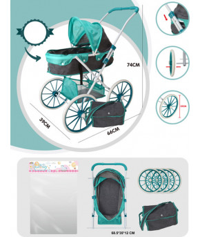 Коляска Labalu для кукол Classic EVA Grey/Ocean с сумкой (колеса 25см)