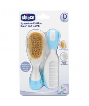 Расческа и щётка Chicco с натуральными щетинками голубой 0+